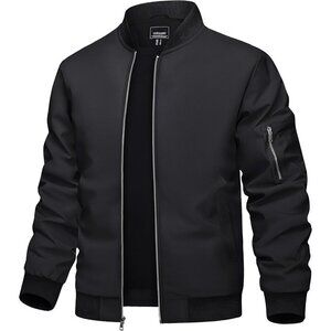 🆕Men's Black Bomber Jacket with Zip-Up Front and Utility Sleeve Pocket